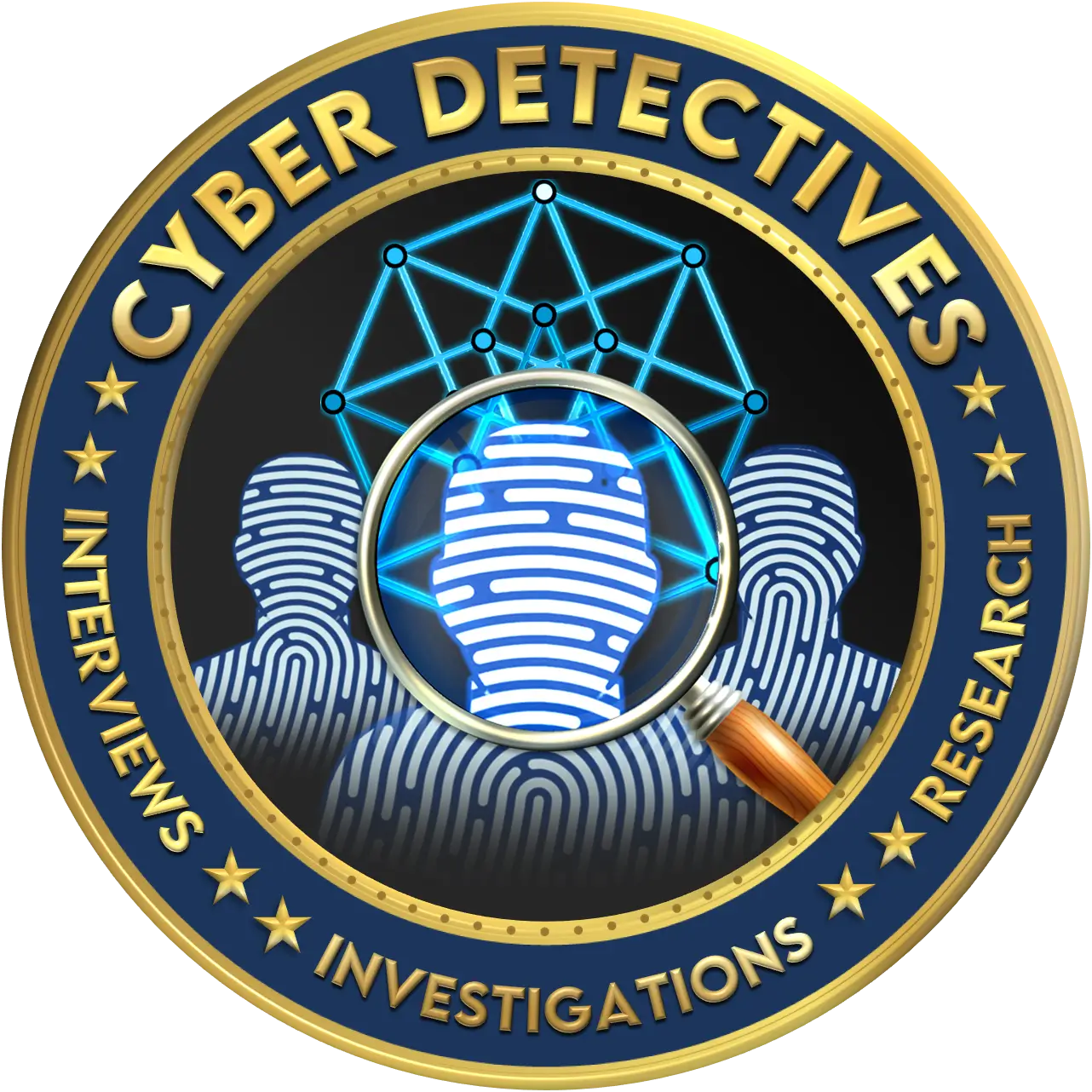The Cyber Detectives logo which is circular with a gold-bordered, navy blue outer band...